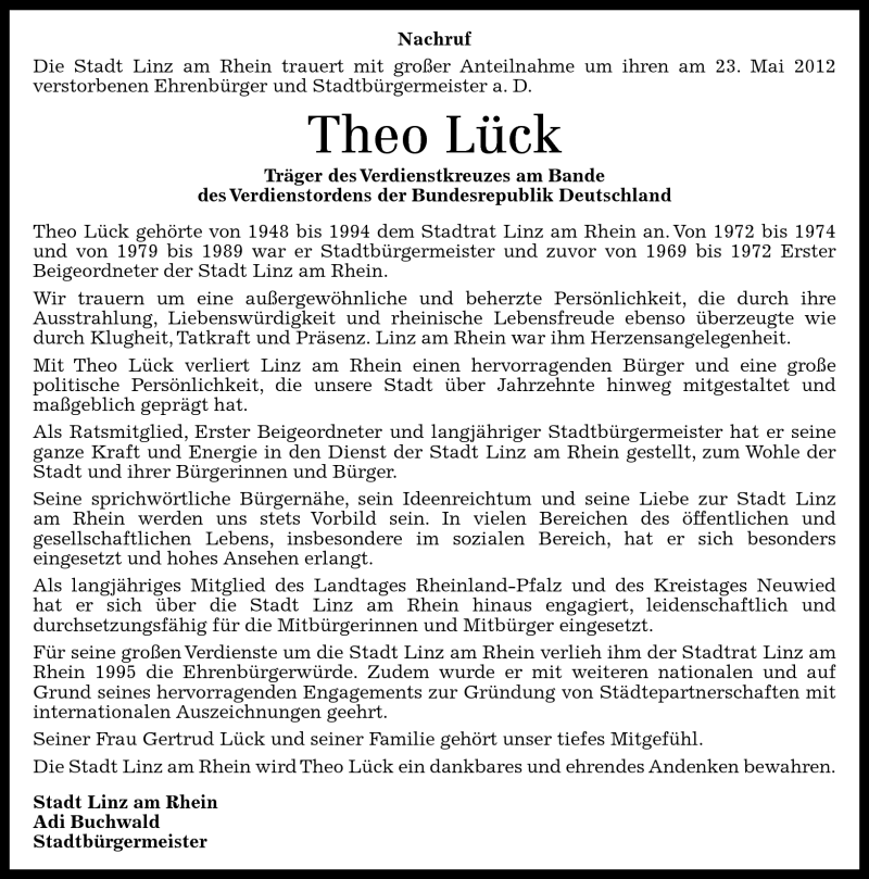  Traueranzeige für Theo Lück vom 29.05.2012 aus Rhein-Zeitung