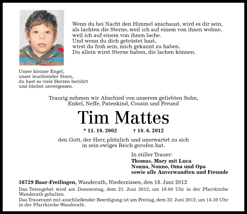  Traueranzeige für Tim Mattes vom 20.06.2012 aus Rhein-Zeitung