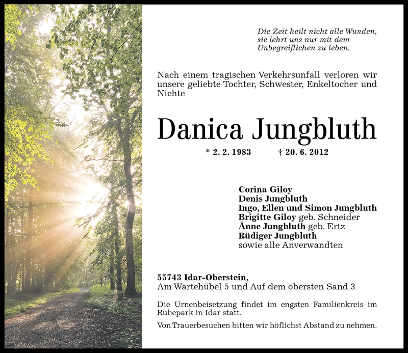  Traueranzeige für Danica Jungbluth vom 25.06.2012 aus Nahe-Zeitung