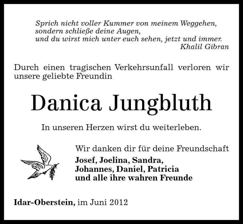  Traueranzeige für Danica Jungbluth vom 26.06.2012 aus Nahe-Zeitung