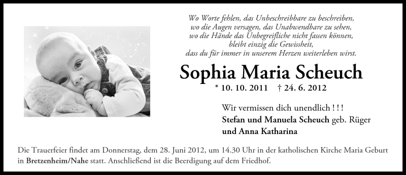  Traueranzeige für Sophia Maria Scheuch vom 27.06.2012 aus Oeffentlicher Anzeiger