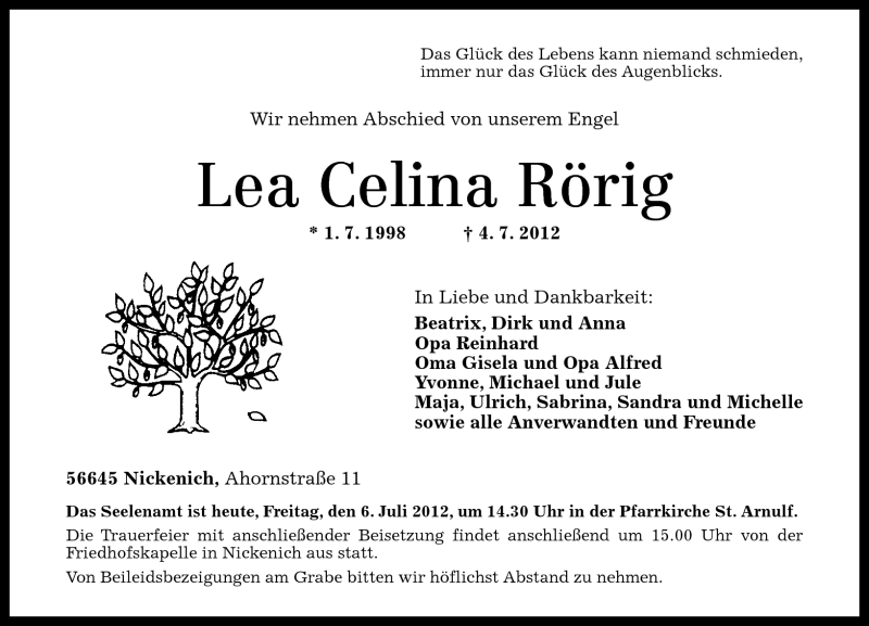  Traueranzeige für Lea Celina Rörig vom 06.07.2012 aus Rhein-Zeitung