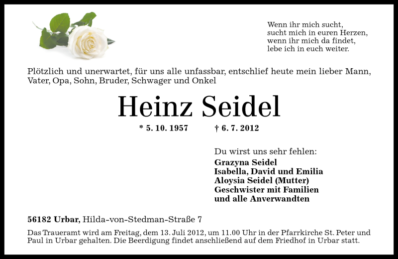  Traueranzeige für Heinz Seidel vom 11.07.2012 aus Rhein-Zeitung