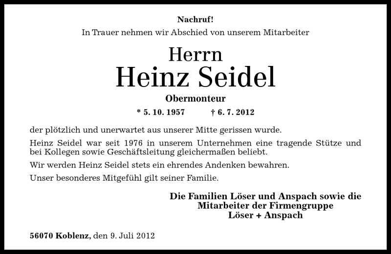  Traueranzeige für Heinz Seidel vom 11.07.2012 aus Rhein-Zeitung