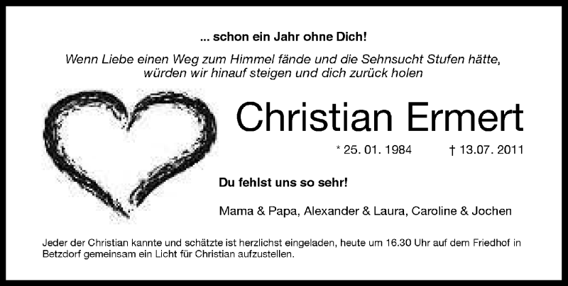  Traueranzeige für Christian Ermert vom 13.07.2012 aus Rhein-Zeitung