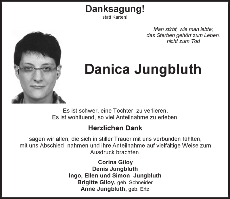  Traueranzeige für Danica Jungbluth vom 18.07.2012 aus Nahe-Zeitung