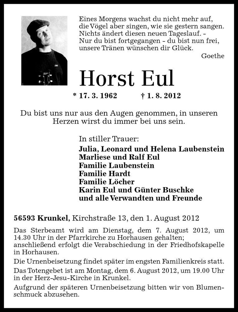  Traueranzeige für Horst Eul vom 04.08.2012 aus Rhein-Zeitung