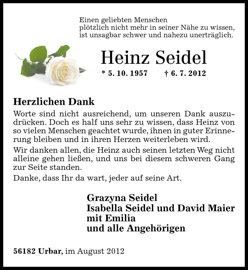  Traueranzeige für Heinz Seidel vom 11.08.2012 aus Rhein-Zeitung