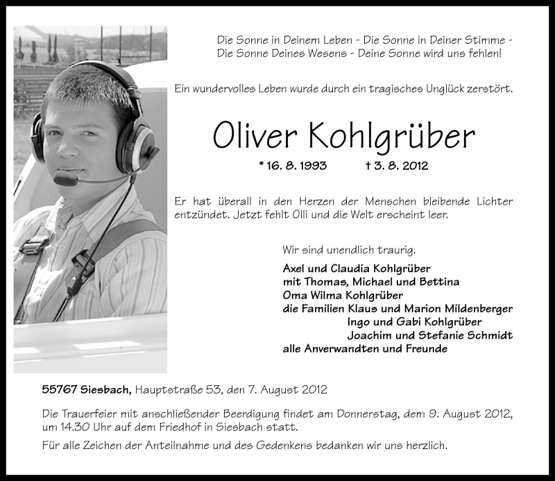  Traueranzeige für Oliver Kohlgrüber vom 07.08.2012 aus Nahe-Zeitung