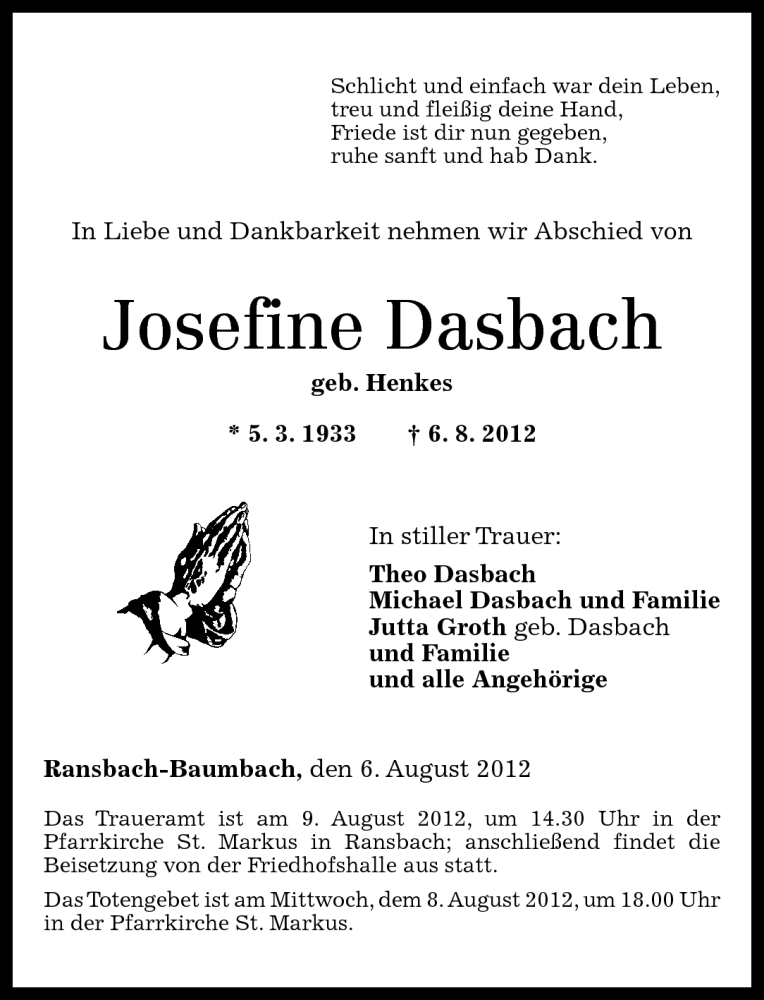  Traueranzeige für Josefine Dasbach vom 08.08.2012 aus Westerwälder Zeitung