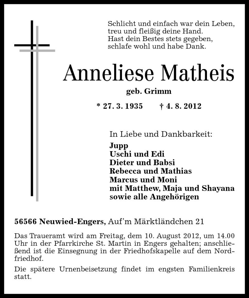  Traueranzeige für Anneliese Matheis vom 08.08.2012 aus Rhein-Zeitung