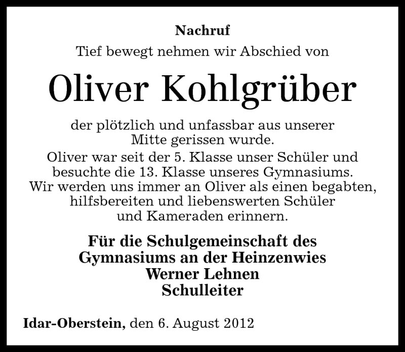  Traueranzeige für Oliver Kohlgrüber vom 08.08.2012 aus Nahe-Zeitung