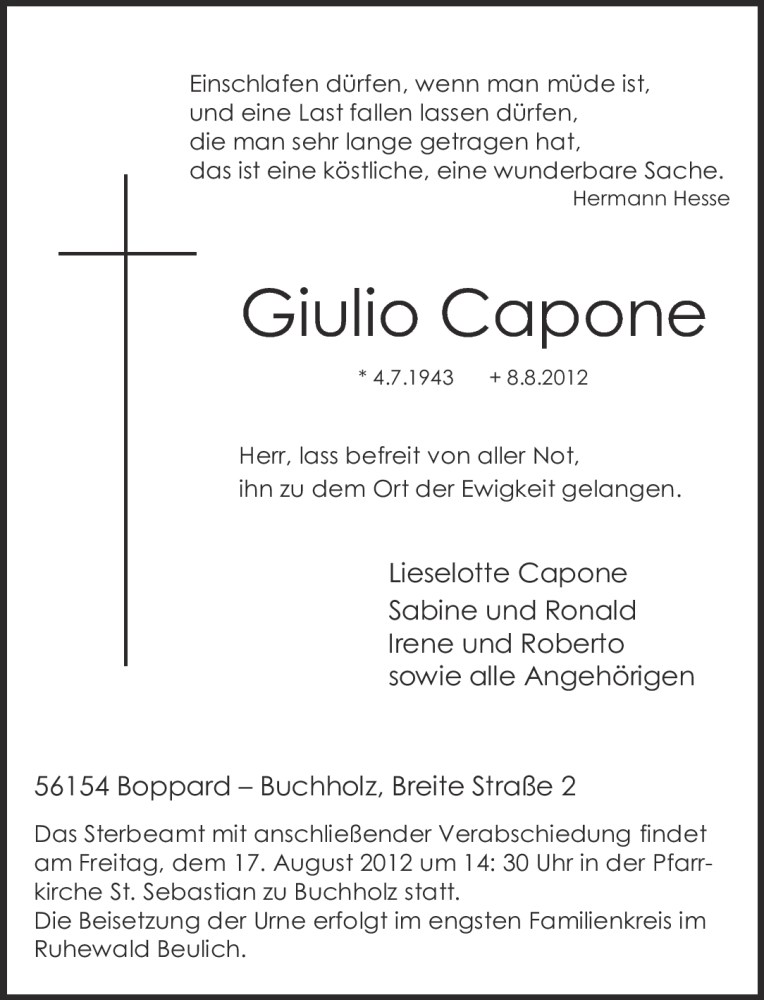  Traueranzeige für Giulio Capone vom 11.08.2012 aus Rhein-Zeitung