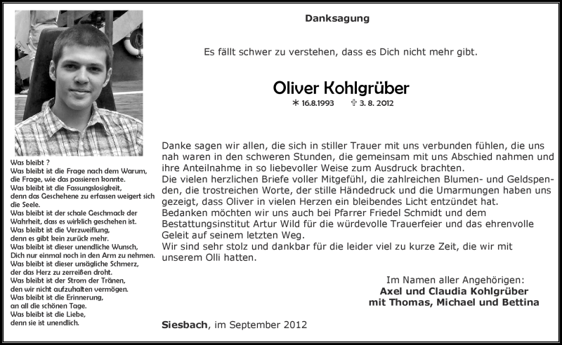 Traueranzeige für Oliver Kohlgrüber vom 05.09.2012 aus Nahe-Zeitung