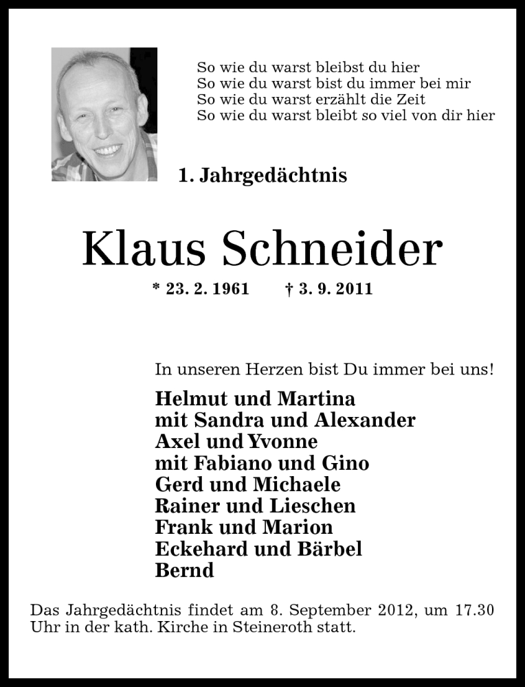  Traueranzeige für Klaus Schneider vom 03.09.2012 aus Rhein-Zeitung