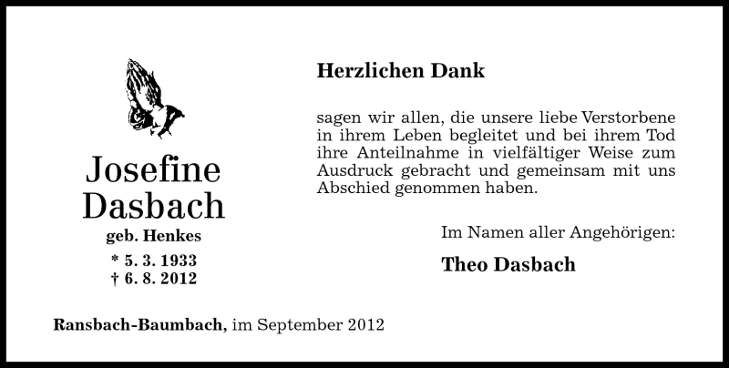  Traueranzeige für Josefine Dasbach vom 15.09.2012 aus Westerwälder Zeitung