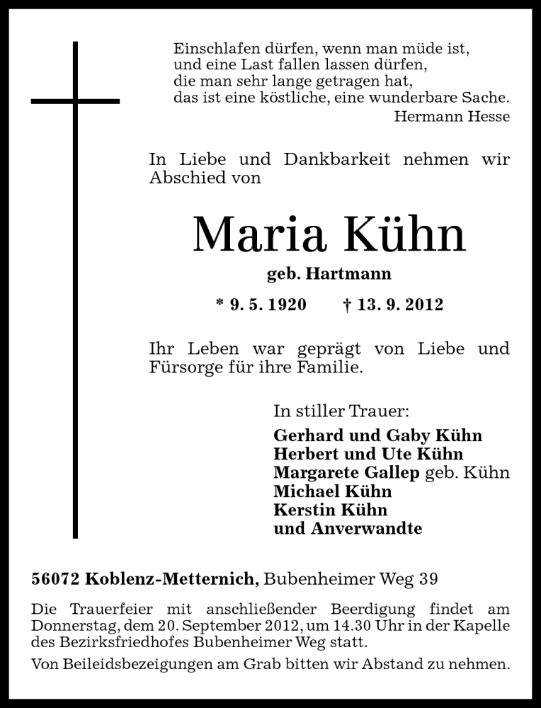  Traueranzeige für Maria Kühn vom 17.09.2012 aus Rhein-Zeitung