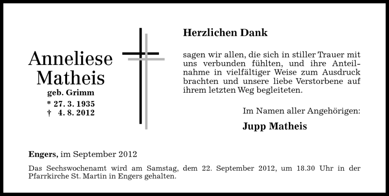  Traueranzeige für Anneliese Matheis vom 19.09.2012 aus Rhein-Zeitung