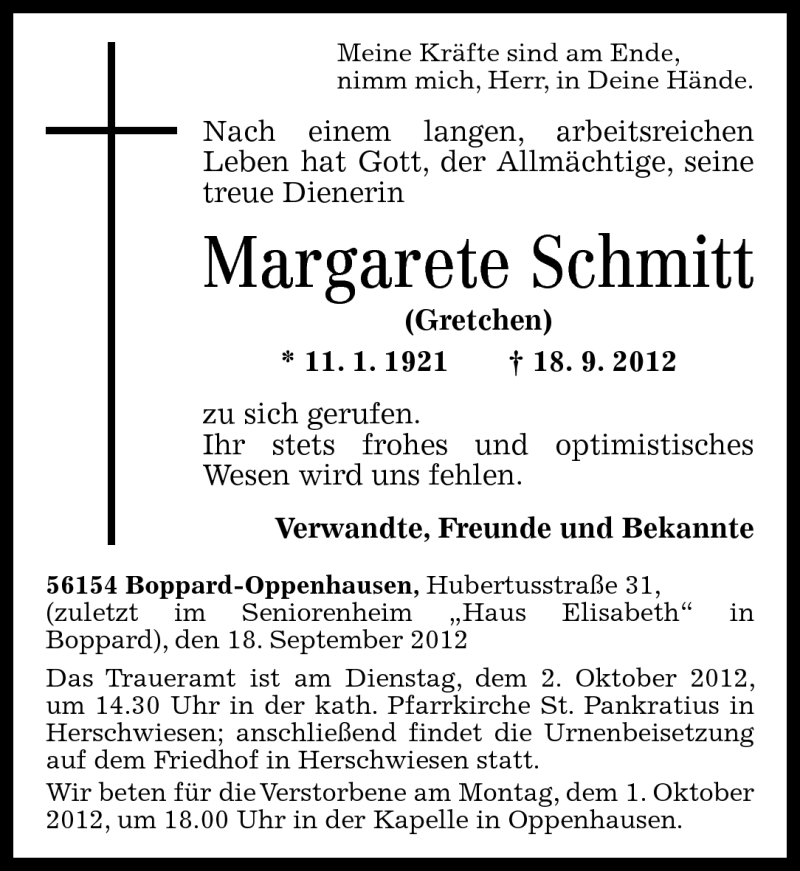  Traueranzeige für Margarete Schmitt vom 29.09.2012 aus Rhein-Zeitung
