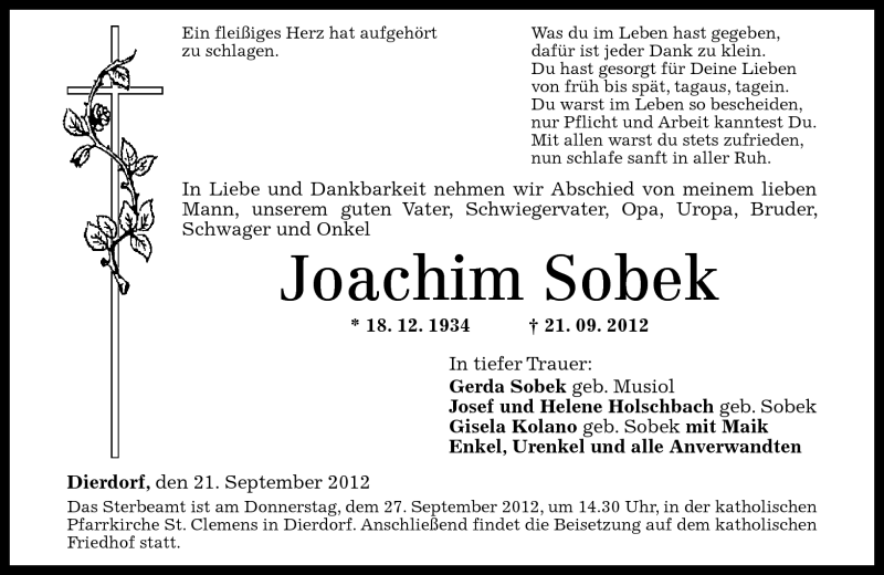  Traueranzeige für Joachim Sobek vom 25.09.2012 aus Rhein-Zeitung