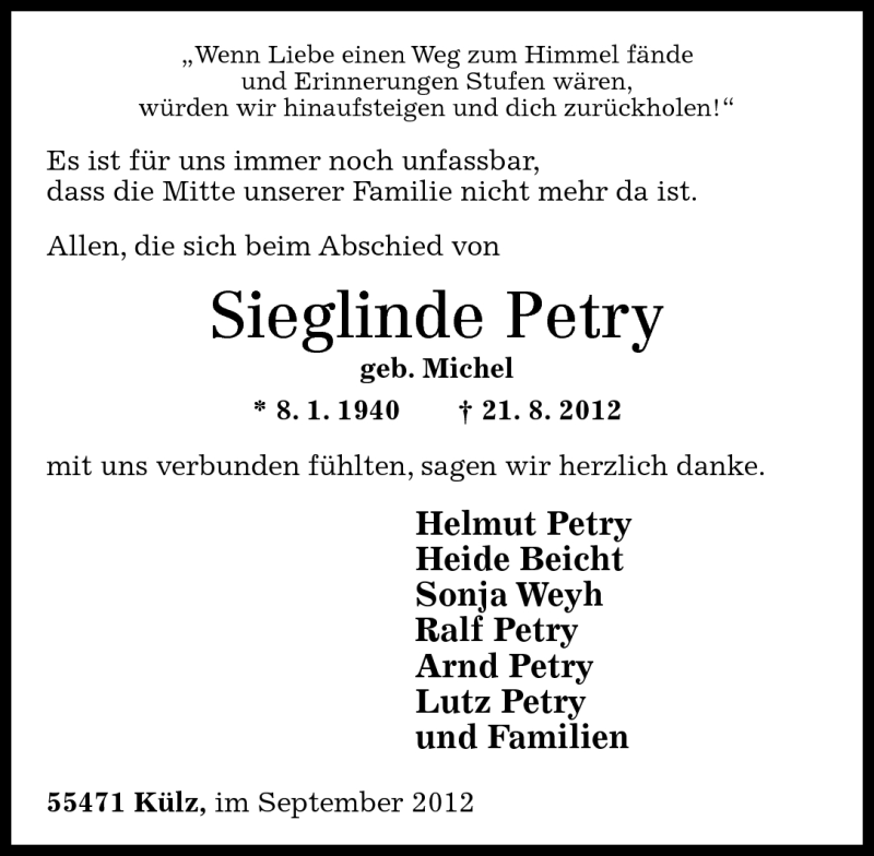  Traueranzeige für Sieglinde Petry vom 29.09.2012 aus Rhein-Hunsrück-Zeitung