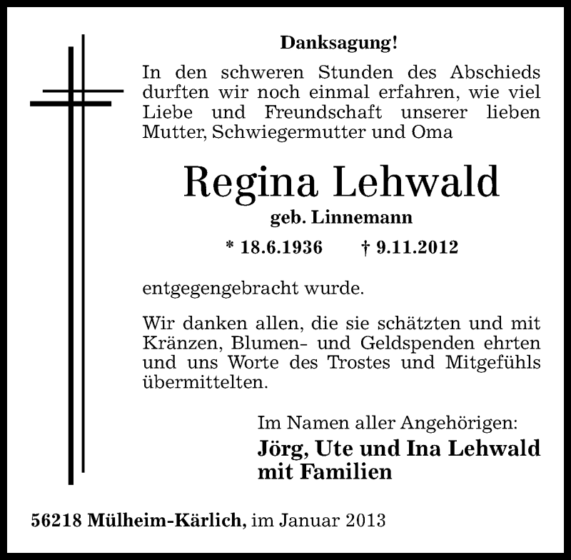  Traueranzeige für Regina Lehwald vom 19.01.2013 aus Rhein-Zeitung