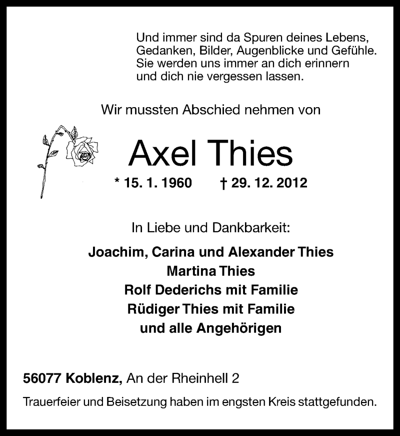 Traueranzeige für Axel Thies vom 19.01.2013 aus Rhein-Zeitung