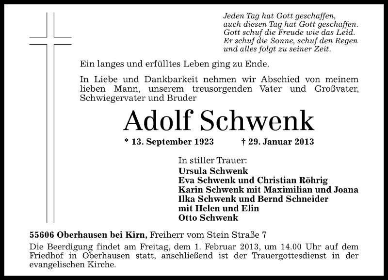  Traueranzeige für Adolf Schwenk vom 31.01.2013 aus Oeffentlicher Anzeiger