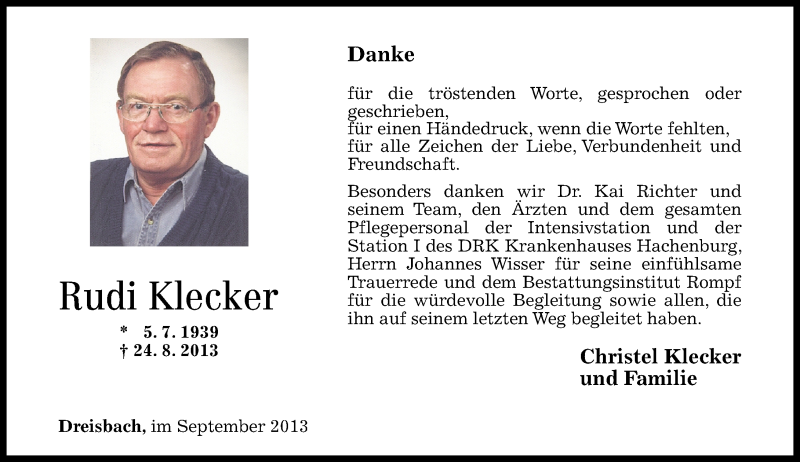  Traueranzeige für Rudi Klecker vom 01.10.2013 aus Westerwälder Zeitung