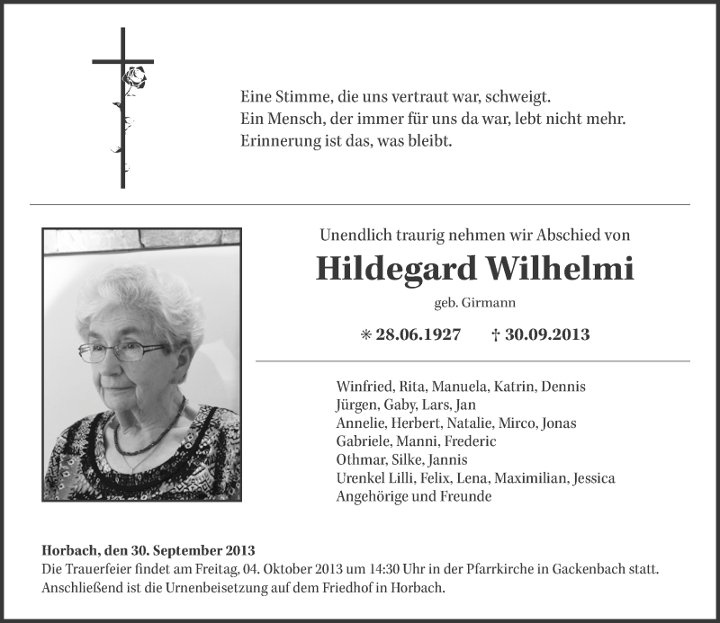  Traueranzeige für Hildegard Wilhelmi vom 02.10.2013 aus Westerwälder Zeitung