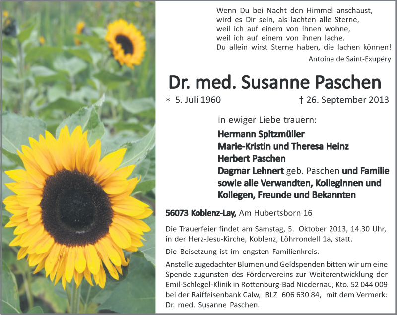  Traueranzeige für Susanne Paschen vom 02.10.2013 aus Rhein-Zeitung