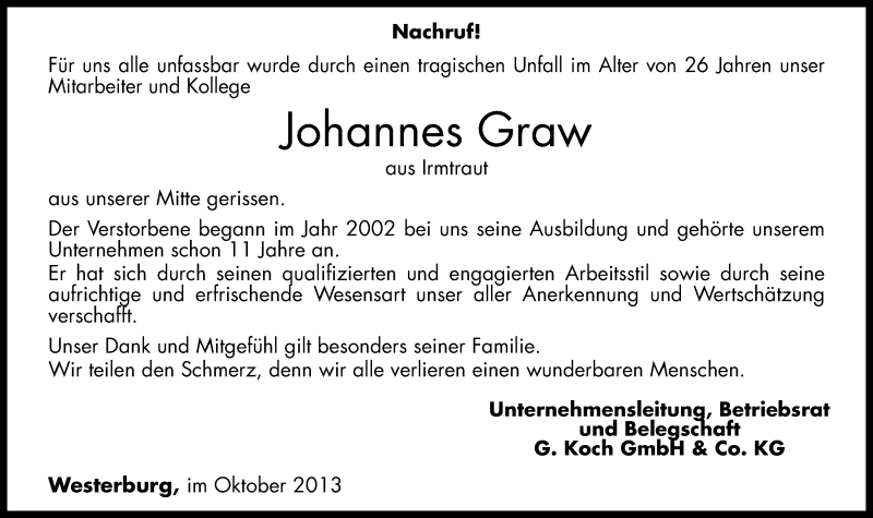  Traueranzeige für Johannes Graw vom 12.10.2013 aus Westerwälder Zeitung