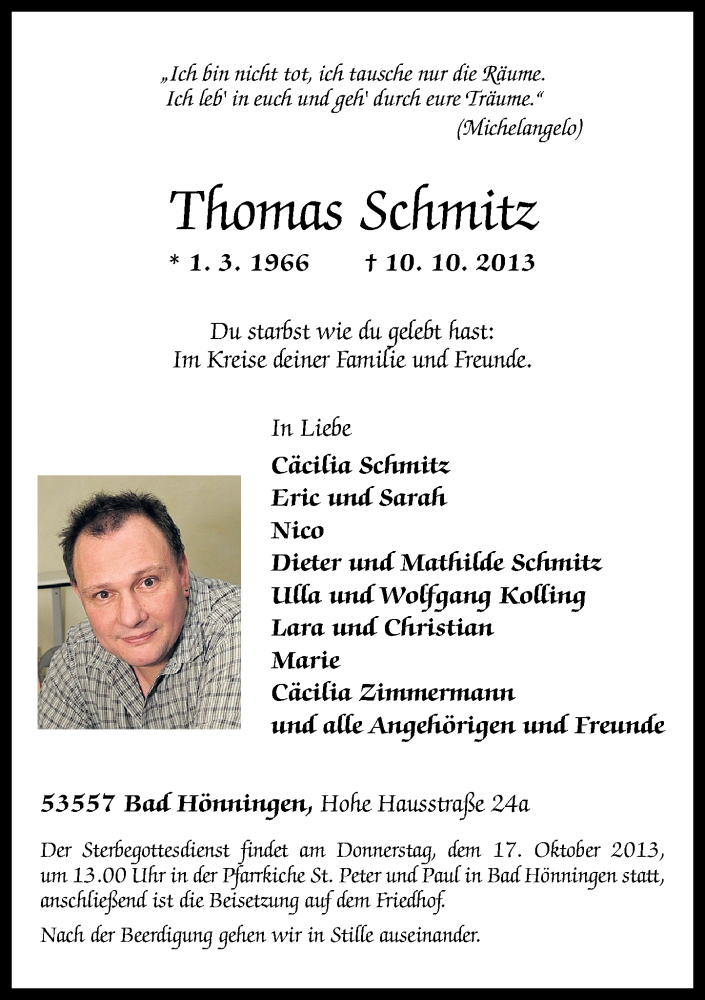  Traueranzeige für Thomas Schmitz vom 14.10.2013 aus Rhein-Zeitung