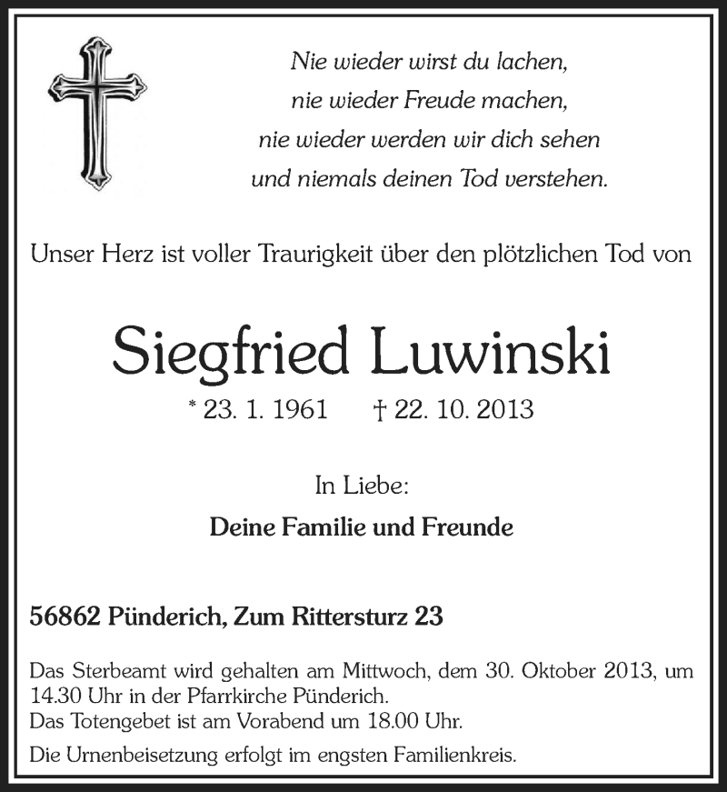  Traueranzeige für Siegfried Luwinski vom 24.10.2013 aus Rhein-Zeitung