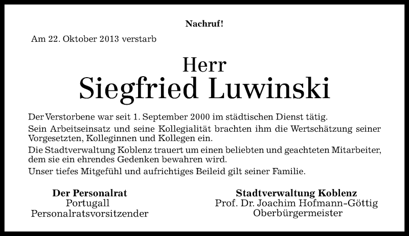  Traueranzeige für Siegfried Luwinski vom 26.10.2013 aus Rhein-Zeitung