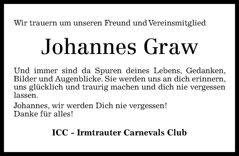  Traueranzeige für Johannes Graw vom 12.10.2013 aus Westerwälder Zeitung