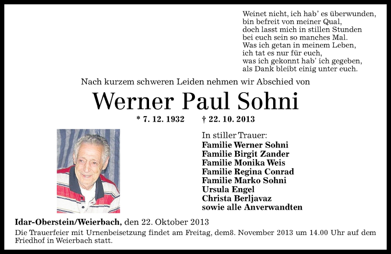  Traueranzeige für Werner Paul Sohni vom 02.11.2013 aus Nahe-Zeitung