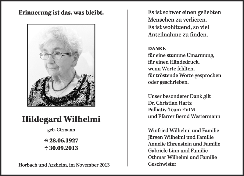  Traueranzeige für Hildegard Wilhelmi vom 09.11.2013 aus Rhein-Zeitung