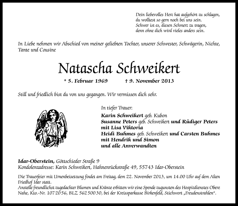  Traueranzeige für Natascha Schweikert vom 18.11.2013 aus Nahe-Zeitung