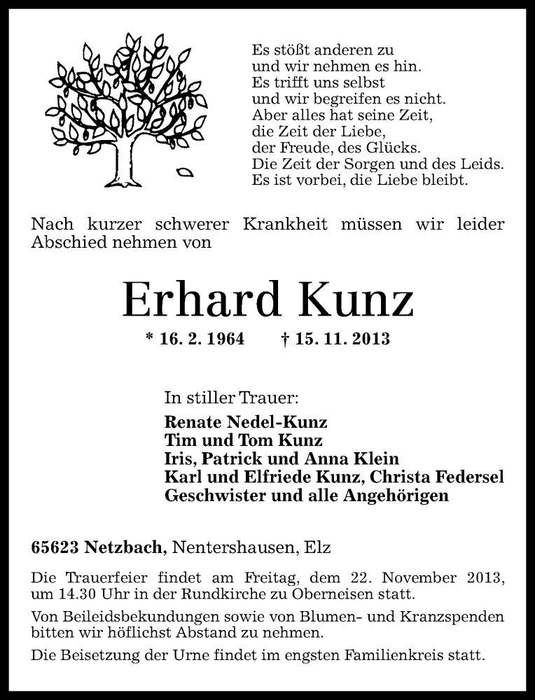  Traueranzeige für Erhard Kunz vom 20.11.2013 aus Rhein-Lahn-Zeitung