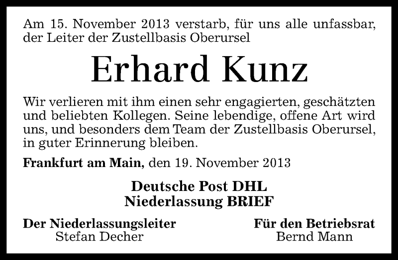  Traueranzeige für Erhard Kunz vom 21.11.2013 aus Rhein-Lahn-Zeitung