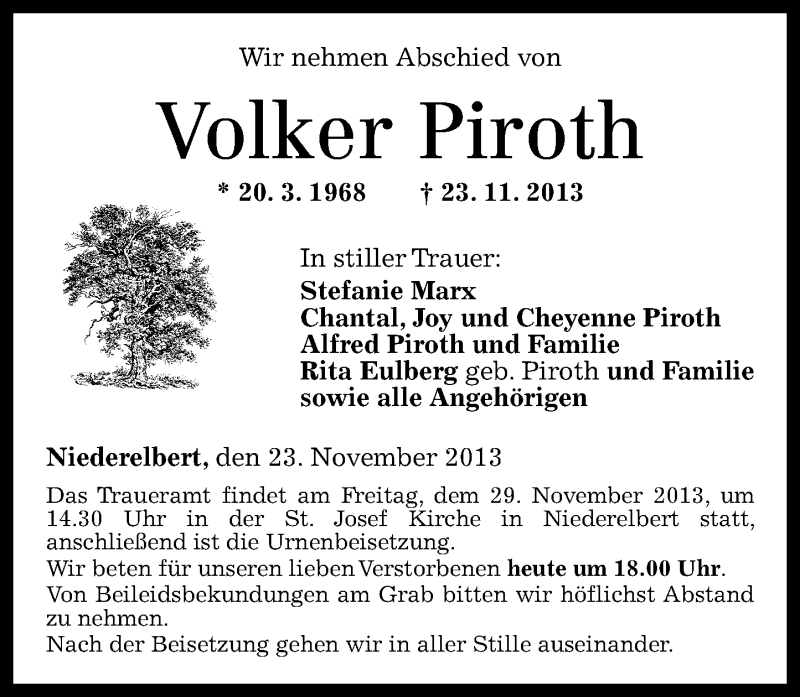  Traueranzeige für Volker Piroth vom 28.11.2013 aus Westerwälder Zeitung