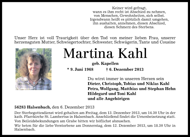  Traueranzeige für Martina Kahl vom 10.12.2013 aus Rhein-Hunsrück-Zeitung