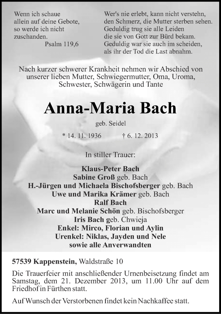  Traueranzeige für Anna-Maria Bach vom 12.12.2013 aus Rhein-Zeitung