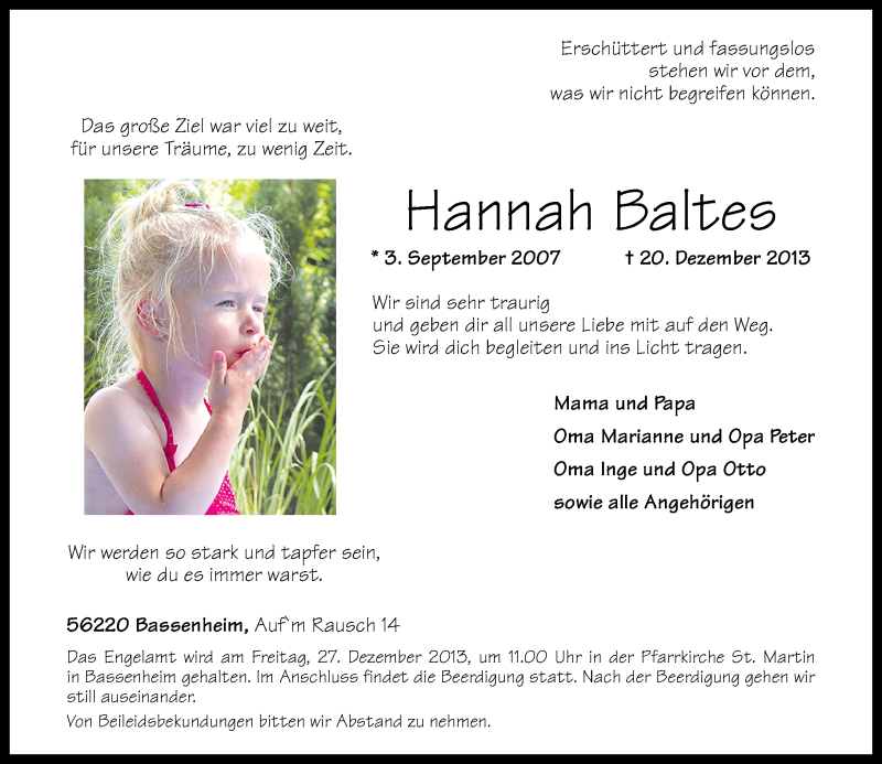  Traueranzeige für Hannah Baltes vom 23.12.2013 aus Rhein-Zeitung