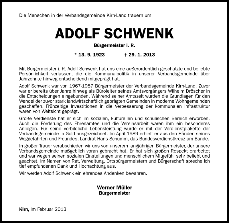  Traueranzeige für Adolf Schwenk vom 01.02.2013 aus Oeffentlicher Anzeiger