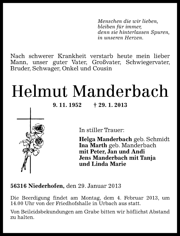  Traueranzeige für Helmut Manderbach vom 02.02.2013 aus Rhein-Zeitung