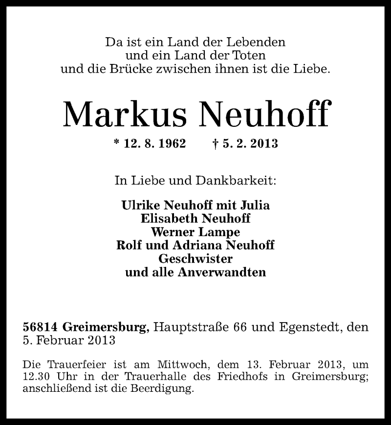  Traueranzeige für Markus Neuhoff vom 11.02.2013 aus Rhein-Zeitung