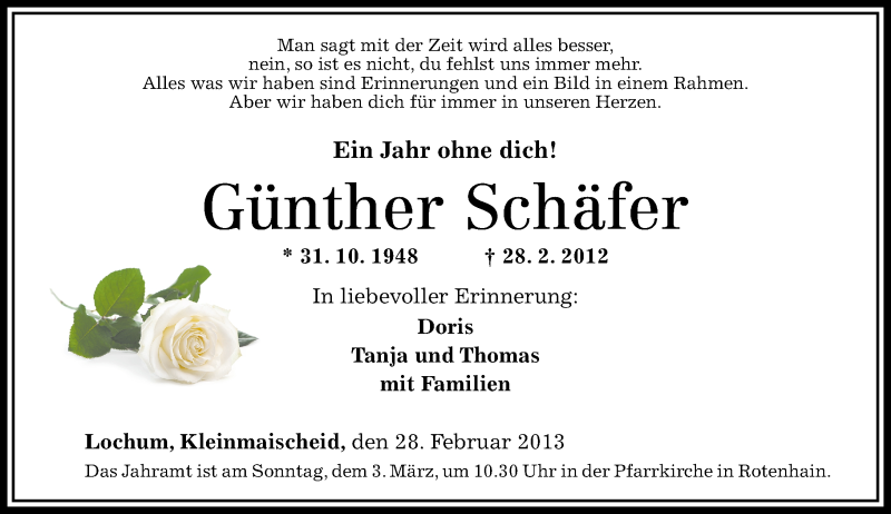  Traueranzeige für Günther Schäfer vom 28.02.2013 aus Westerwälder Zeitung