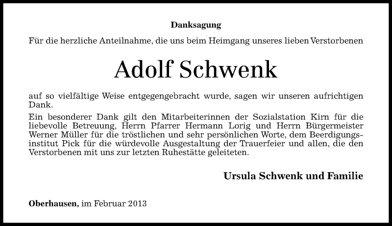 Traueranzeige für Adolf Schwenk vom 22.02.2013 aus Oeffentlicher Anzeiger